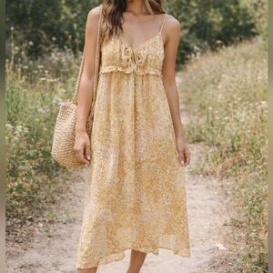 Wild Skye Yellow Floral Tie-Front Dress 100% Rayon Boho Cottagecore Sundress